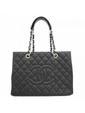 Chanel Chain Tote Quilted Caviar Leather Black Silver